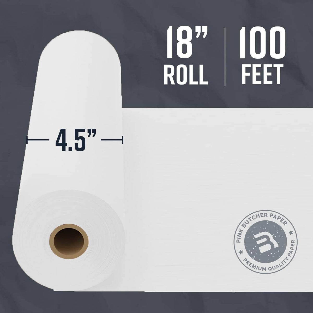 White kraft butcher paper roll with exposed center core and flat wrapped end