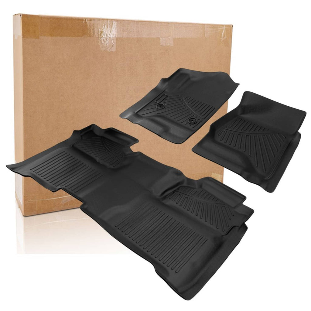 Black 3D rubber floor mat liners set laid out on packaging, textured tread channels