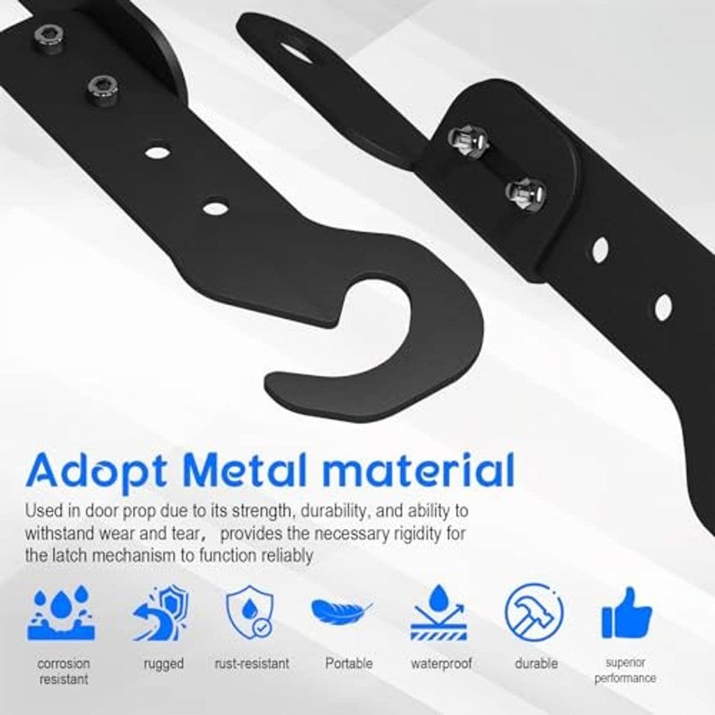 Black metal latch extender pair with curved hook ends and mounting hole row