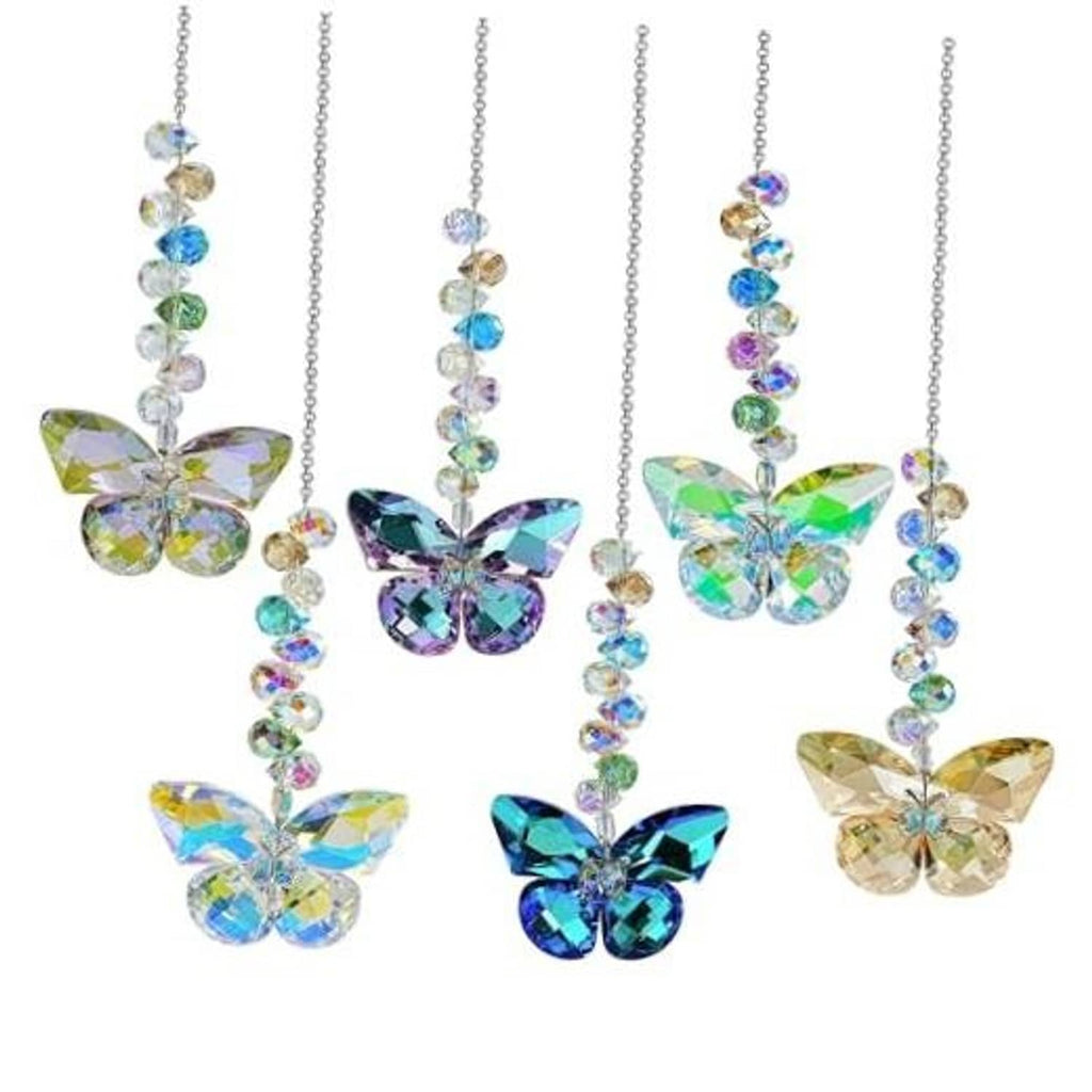 Multi-pack of crystal butterfly suncatchers displayed with silver chains and butterfly charms