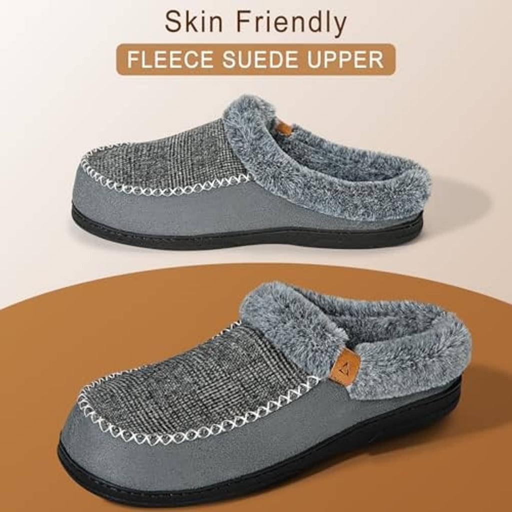 Grey slip-on moccasin slippers with textured upper, fuzzy trim collar, tan patch