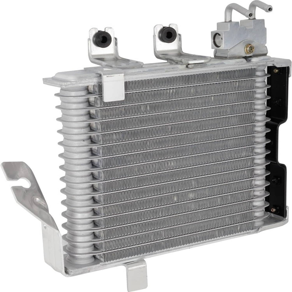 Automatic transmission oil cooler with silver metal cooling fins and mounting brackets