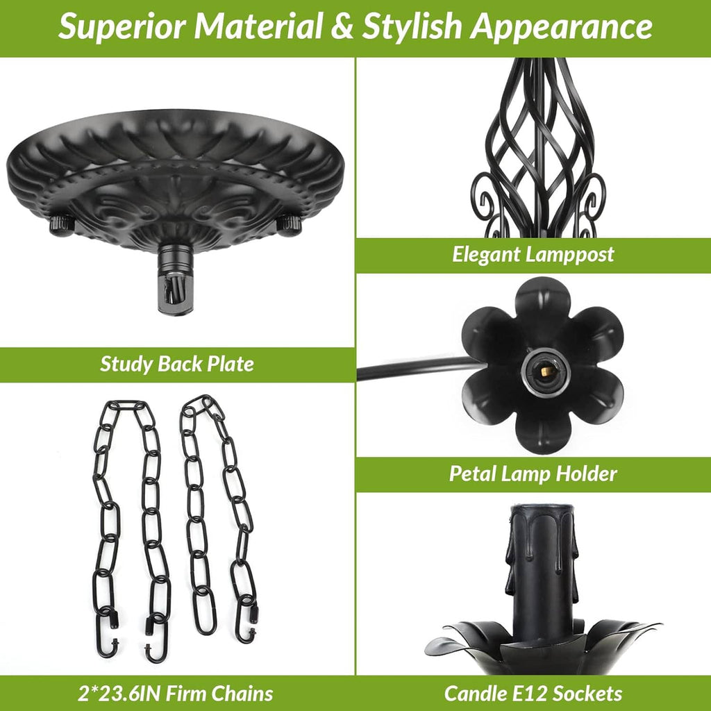 Black chandelier parts set: back plate, petal lamp holder, chain, E12 candle sockets