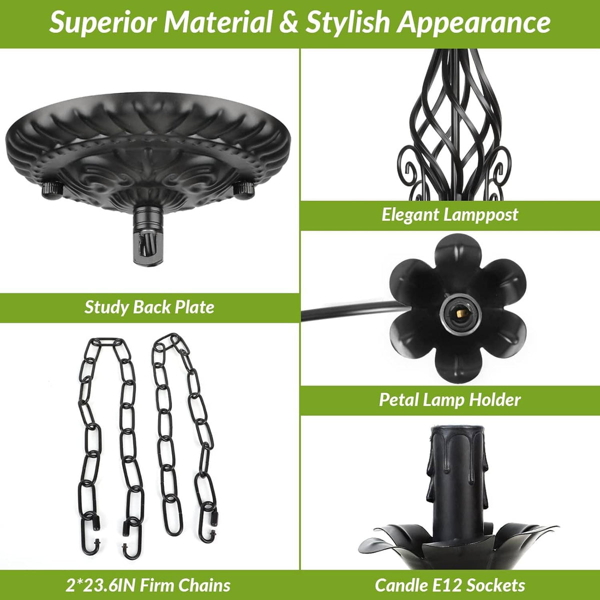 Black chandelier parts set: back plate, petal lamp holder, chain, E12 candle sockets