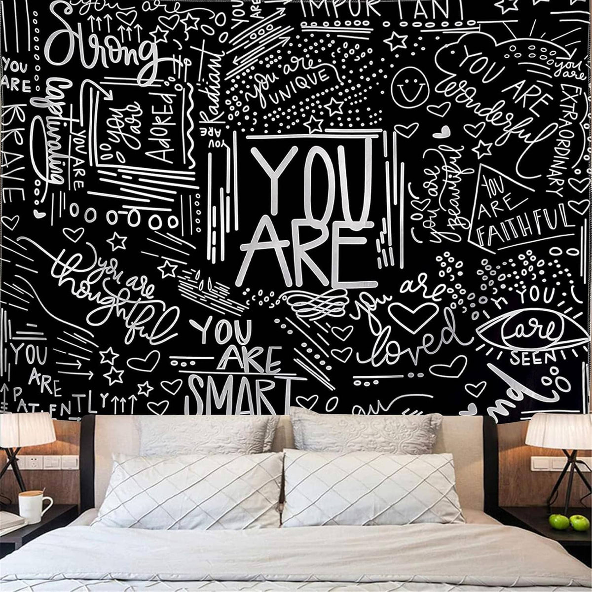 Black and white motivational wall tapestry featuring “YOU ARE” and hearts doodles