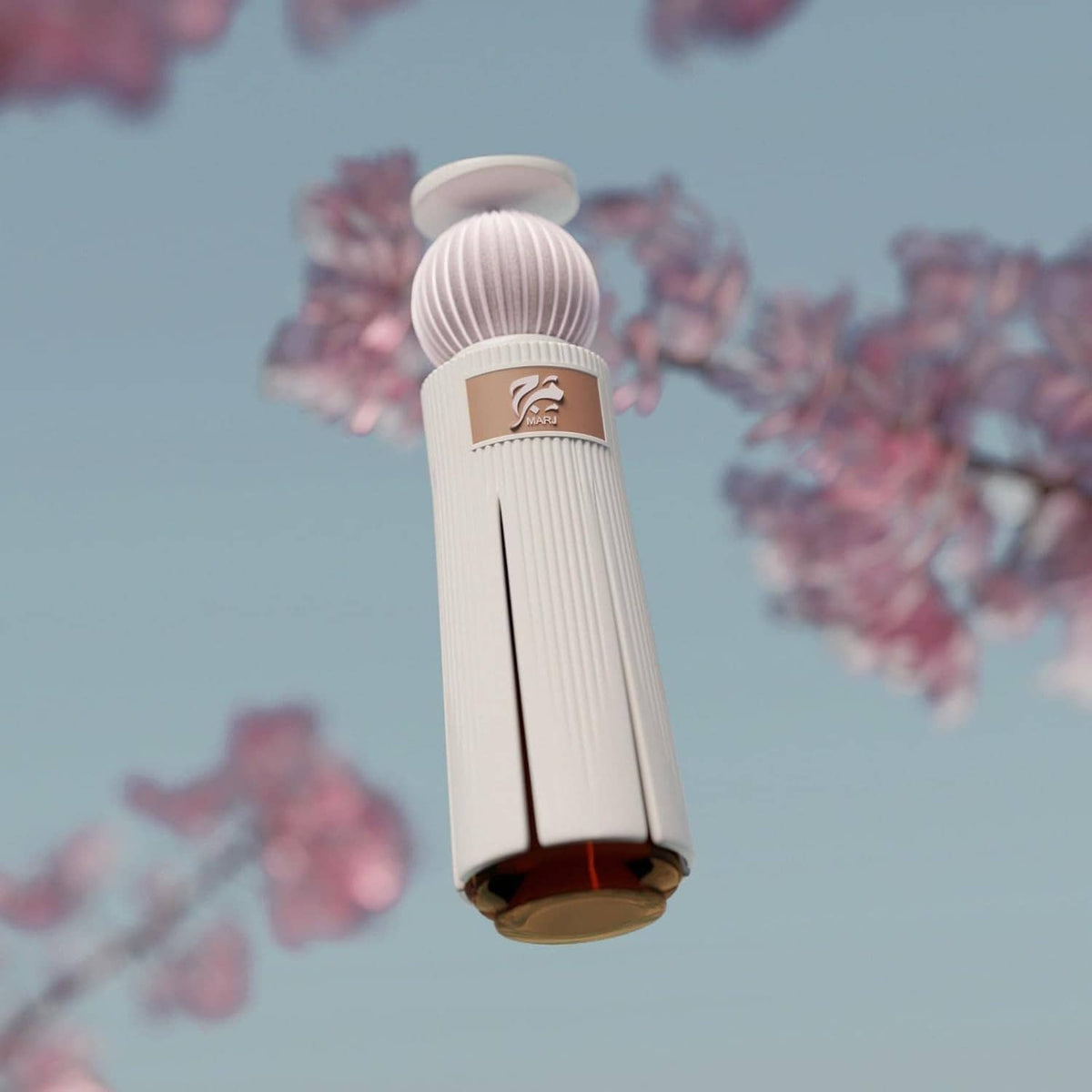 Extrait de parfum spray bottle, white with rose-pink ribbed cap and amber base