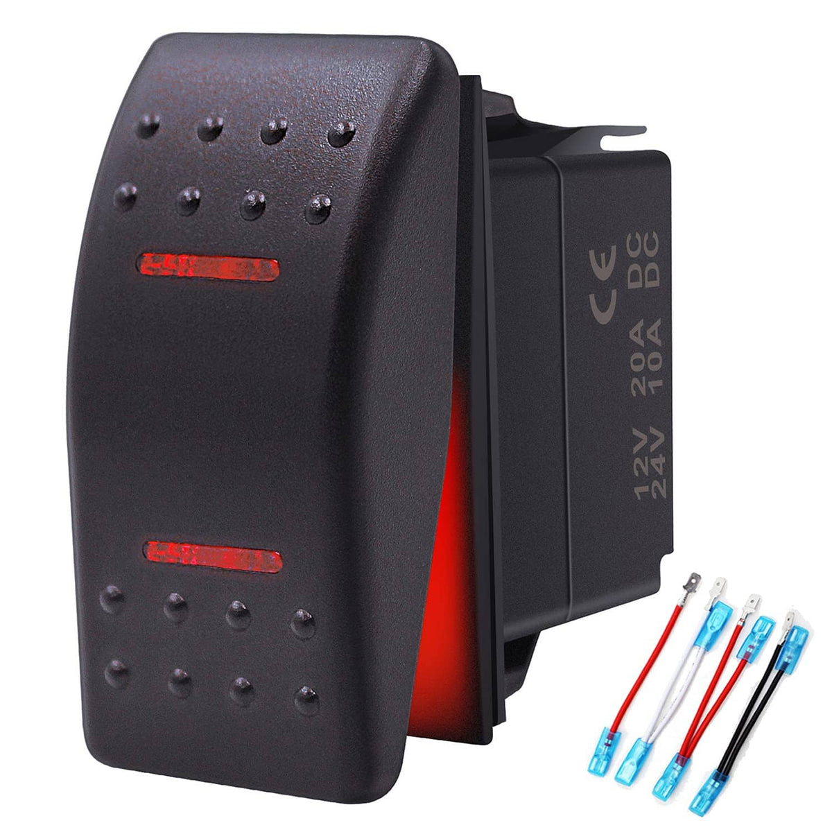 Waterproof on/off/on rocker switch with red LED, black body and wire connector set