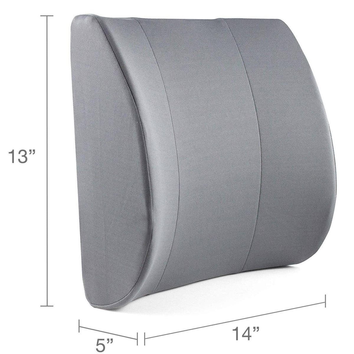 Gray lumbar support pillow with dimensions shown: 13 in tall, 14 in wide, 5 in deep