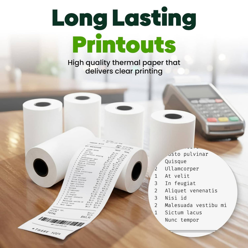 White thermal receipt paper rolls with printed receipt strips and dark inner cores