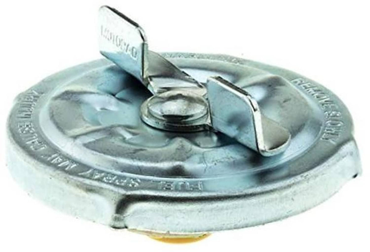 Silver fuel tank cap with raised latch and central screw/valve detail