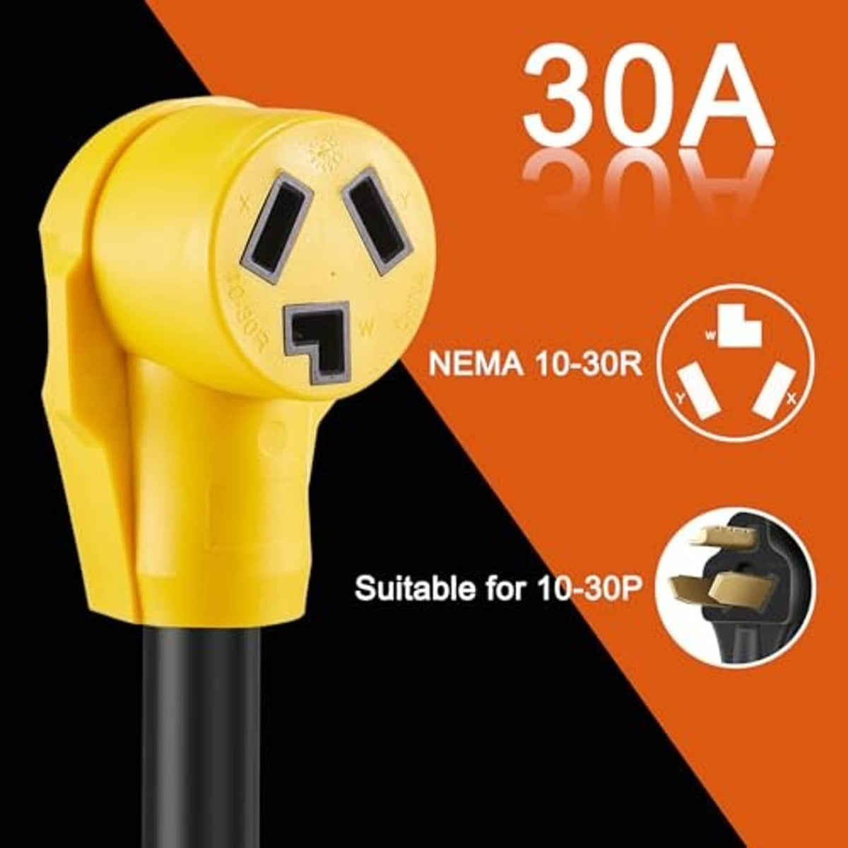 Yellow NEMA 10-30R twist-lock plug on black adapter cord