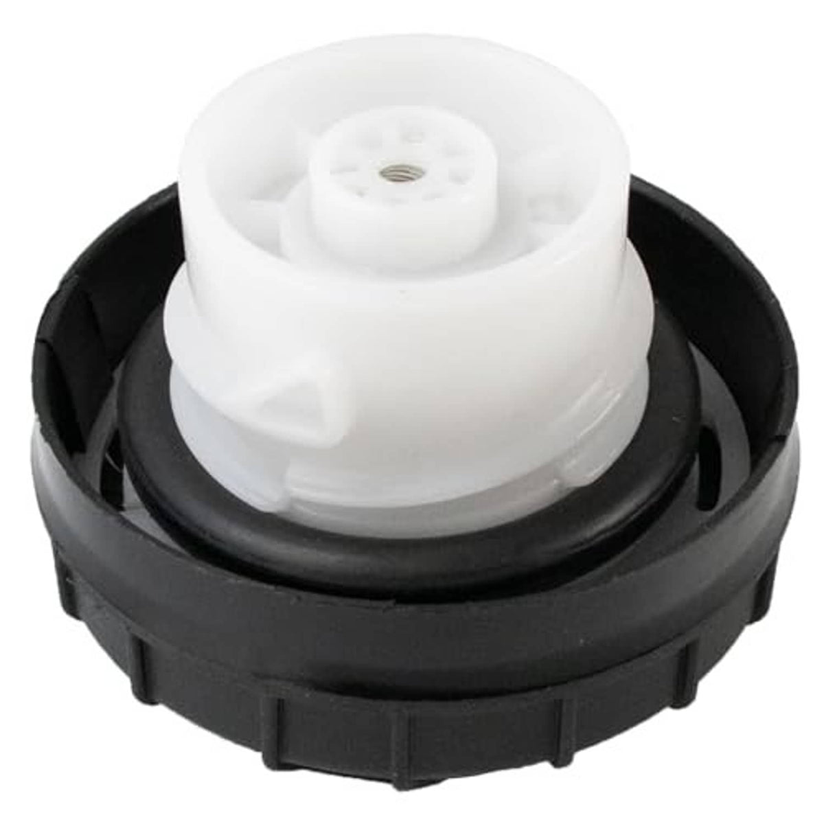 Fuel tank gas cap underside with white plastic insert and black outer ring