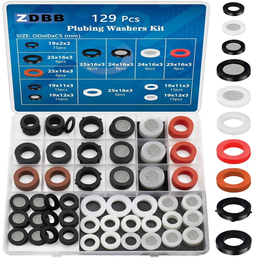 129-piece flat washer kit with black, red, and white gaskets and mesh screen filters
