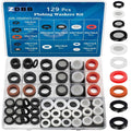 129-piece flat washer kit with black, red, and white gaskets and mesh screen filters