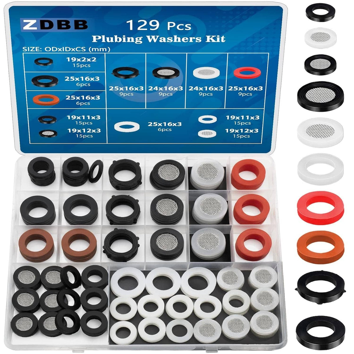 129-piece flat washer kit with black, red, and white gaskets and mesh screen filters