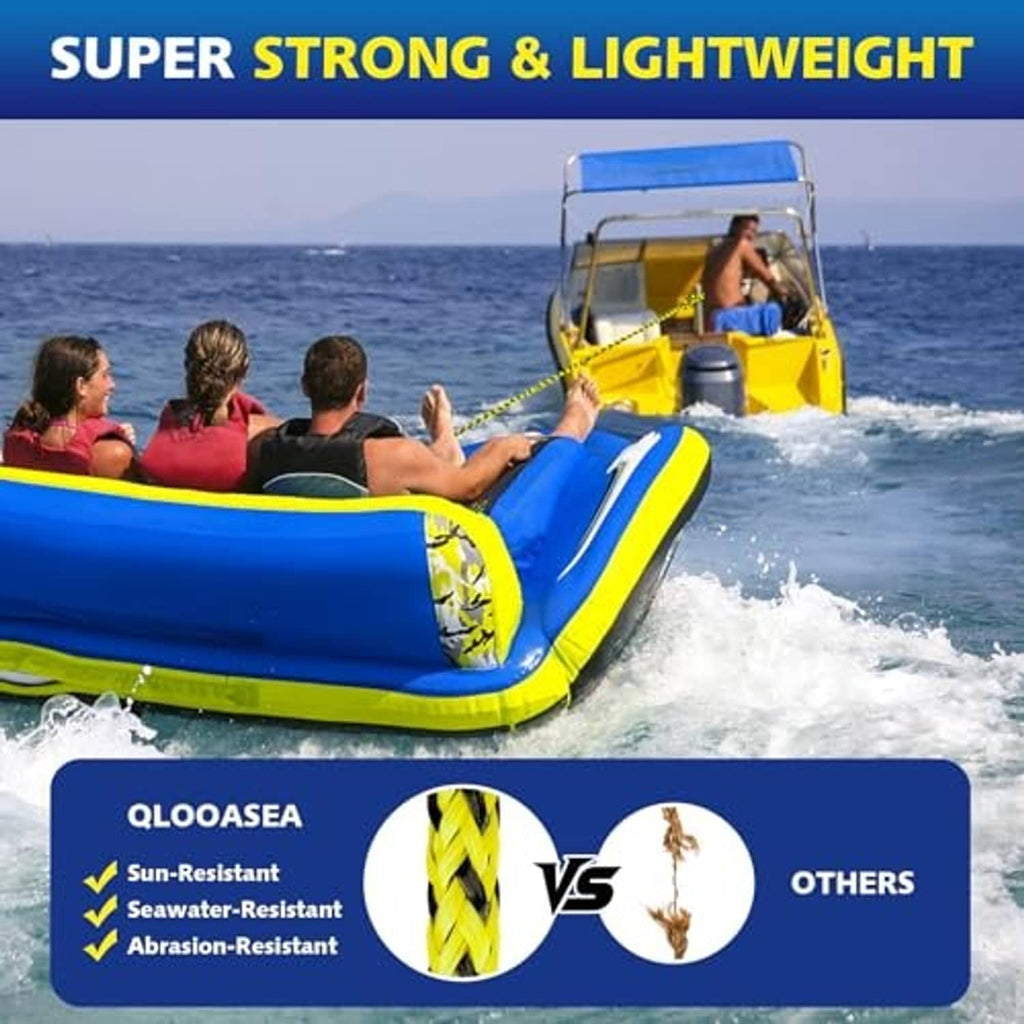 Yellow-and-black braided tow rope on a jet ski, bright coil near the stern.