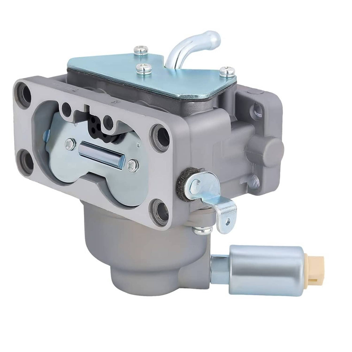 Gray carburetor body with bluish top cover and curved intake hose connector