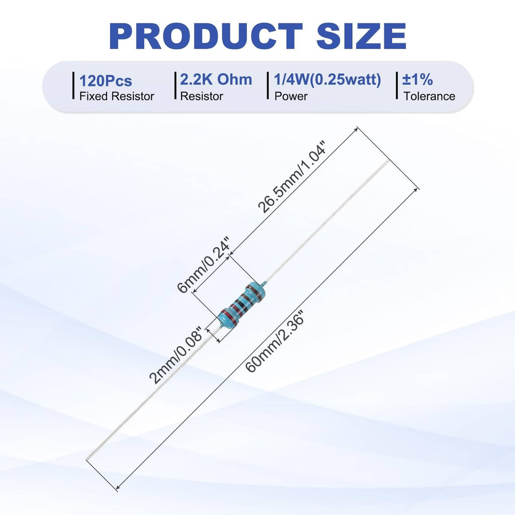 Metal film resistors with dimension lines and product size diagram