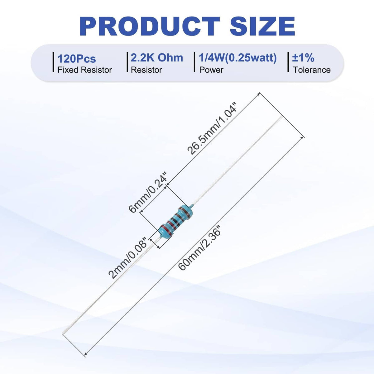 Metal film resistors with dimension lines and product size diagram