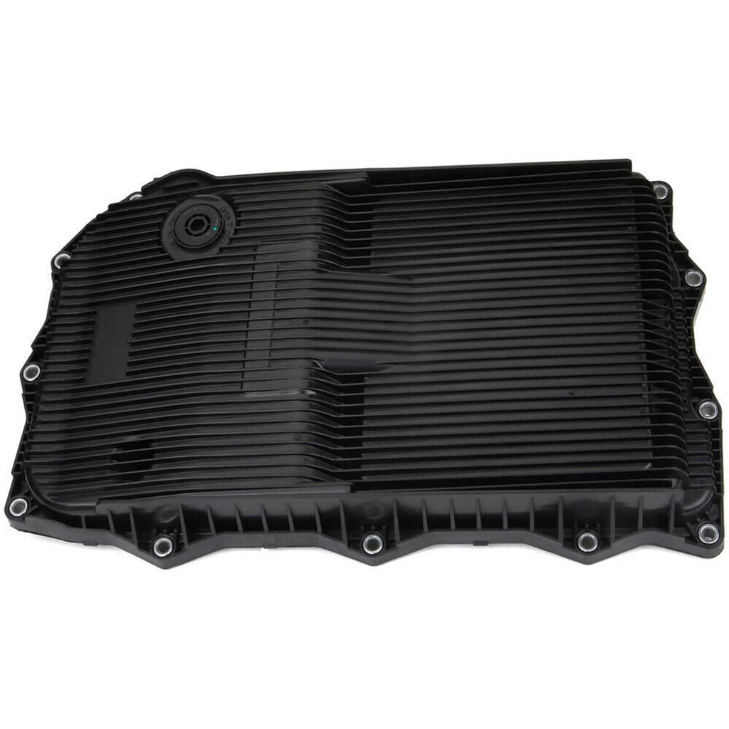 Black transmission oil pan with ribbed channels and top round port