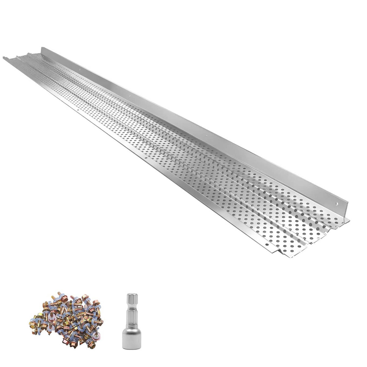 Aluminum gutter leaf guard cover with perforated drain holes, 6 inch style