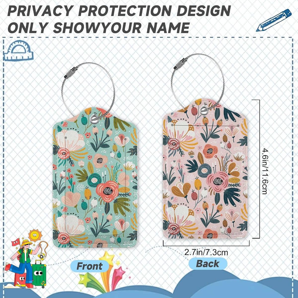 Floral luggage tags set with teal and peach designs, front and back privacy insert