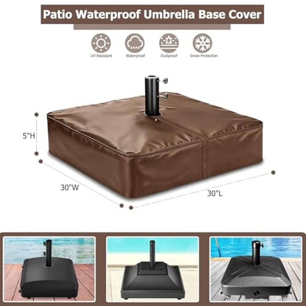 Brown umbrella base cover with center hole and protective top, shown with size markings