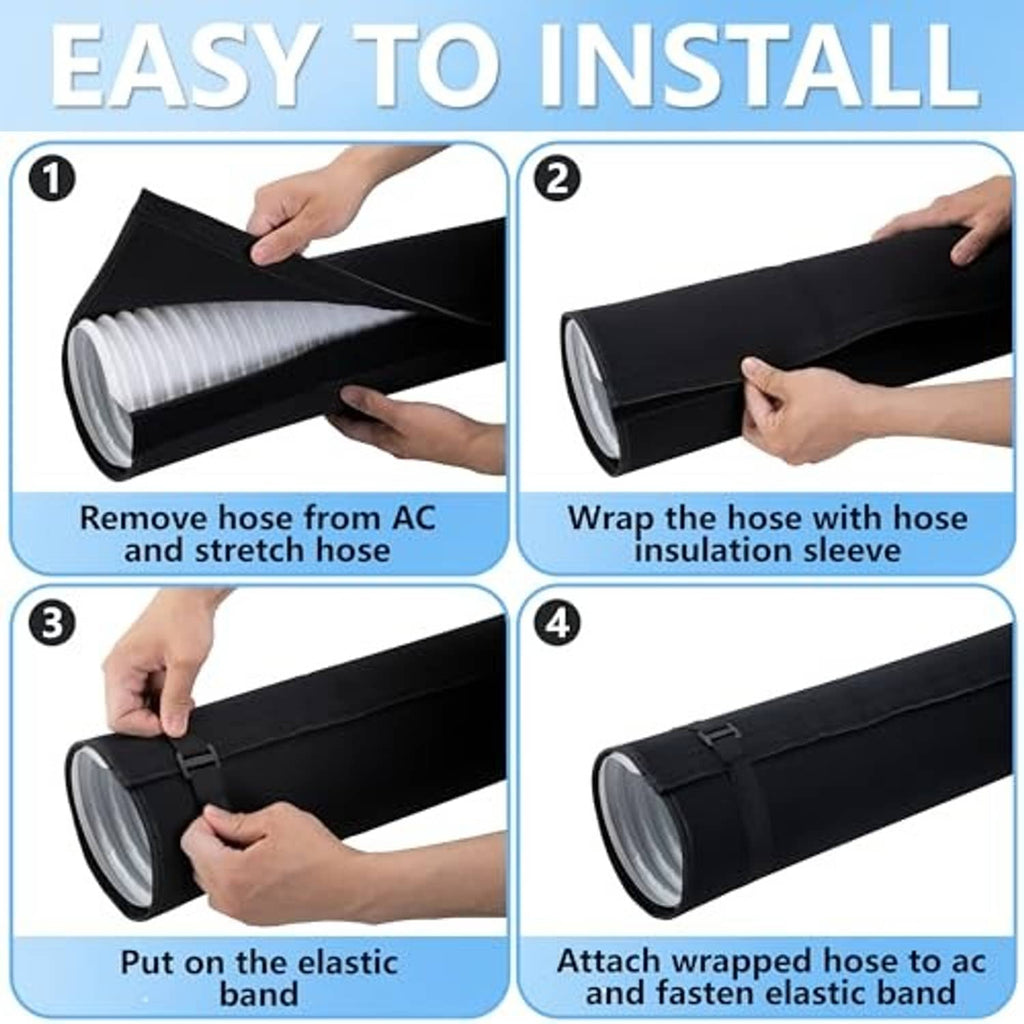 Hands wrapping a black AC hose insulation sleeve and fastening the strap band