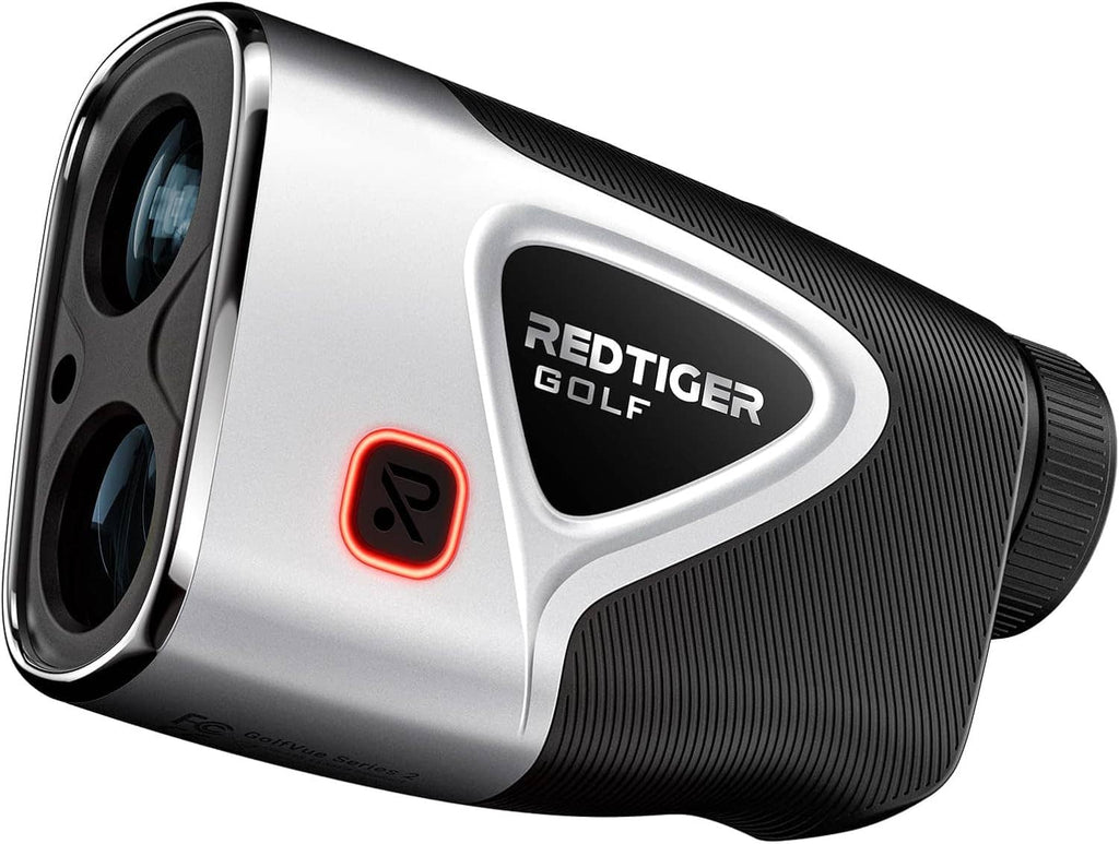 Golf rangefinder with REDTIGER logo, silver and black body, glowing red power button