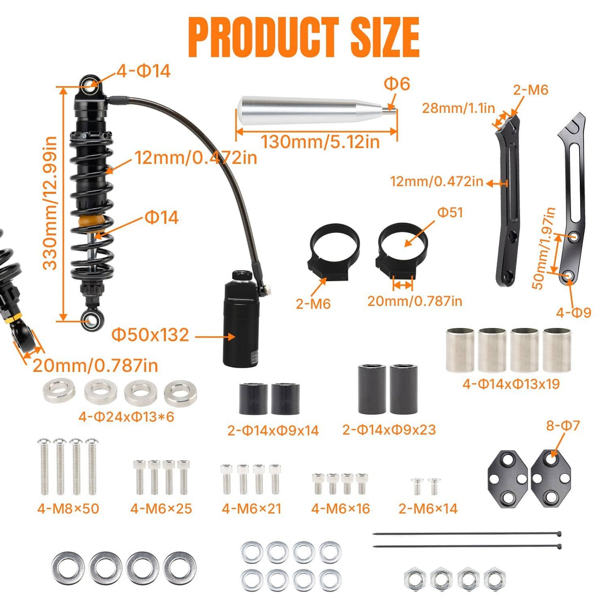 Remote reservoir suspension shock size diagram with hoses, bushings, and mounting brackets