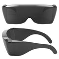 Black wrap-around sunglasses cover-up with tinted lenses, shown front and side view.