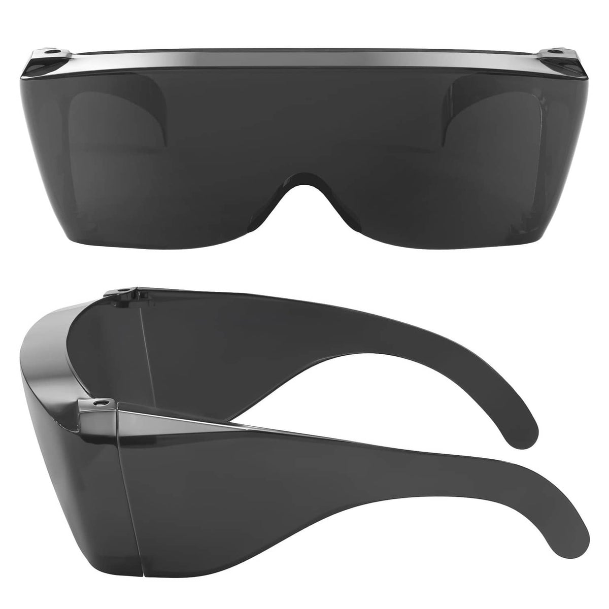 Black wrap-around sunglasses cover-up with tinted lenses, shown front and side view.
