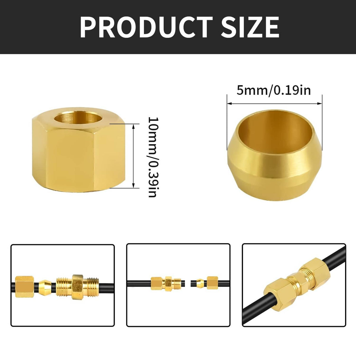Gold brass compression fitting connector, hex sleeve with inner bore opening