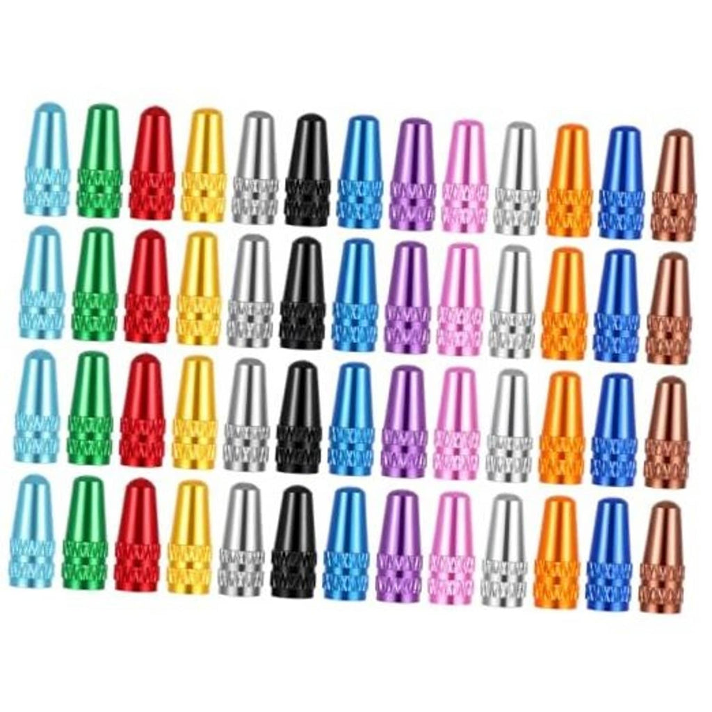 Set of aluminum Presta valve caps, assorted colors, multiple pieces shown together