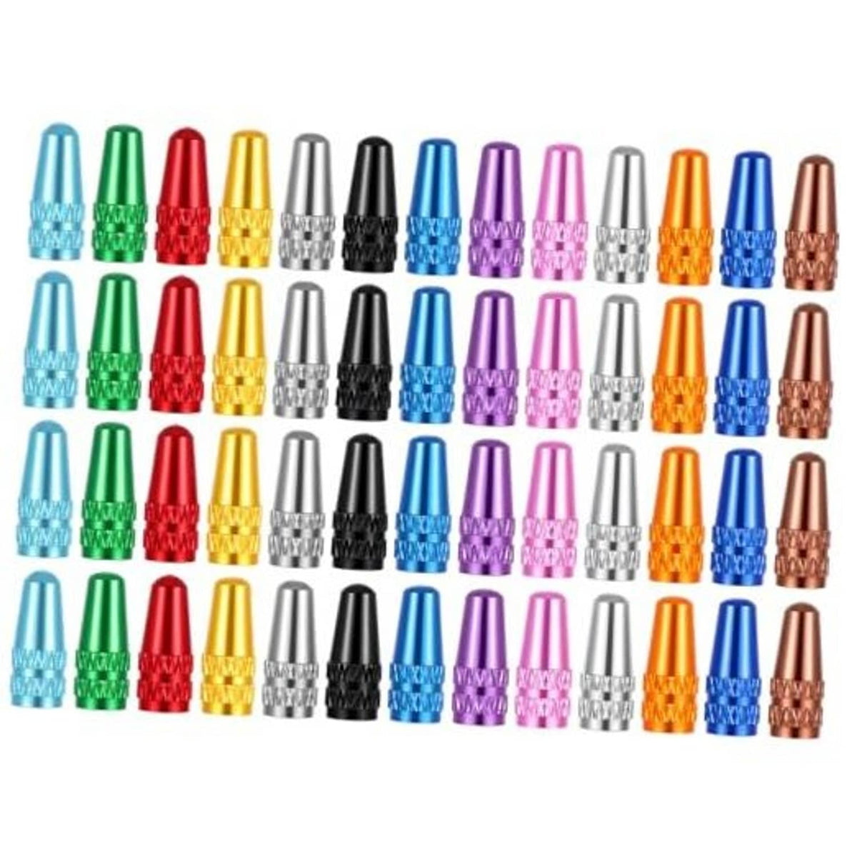 Set of aluminum Presta valve caps, assorted colors, multiple pieces shown together