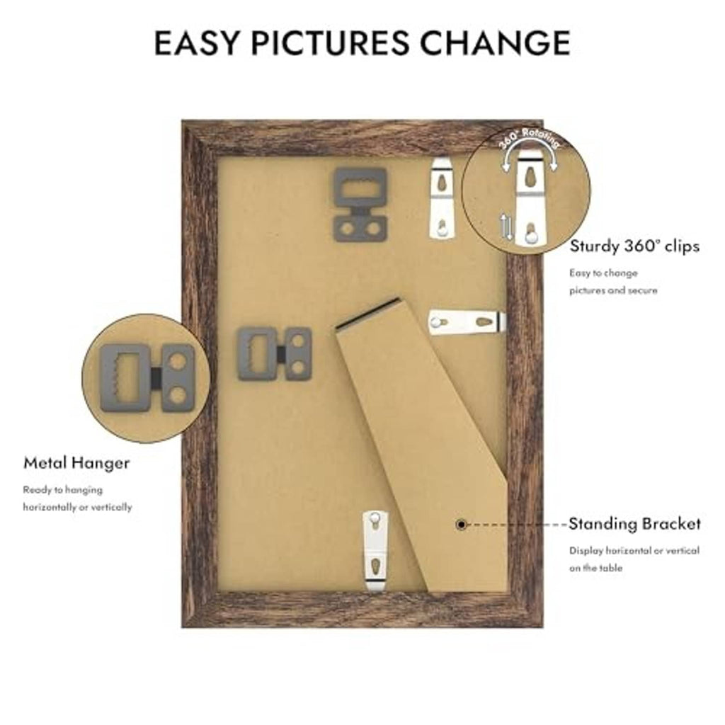 Rustic brown picture frame with metal hanger clips and standing bracket