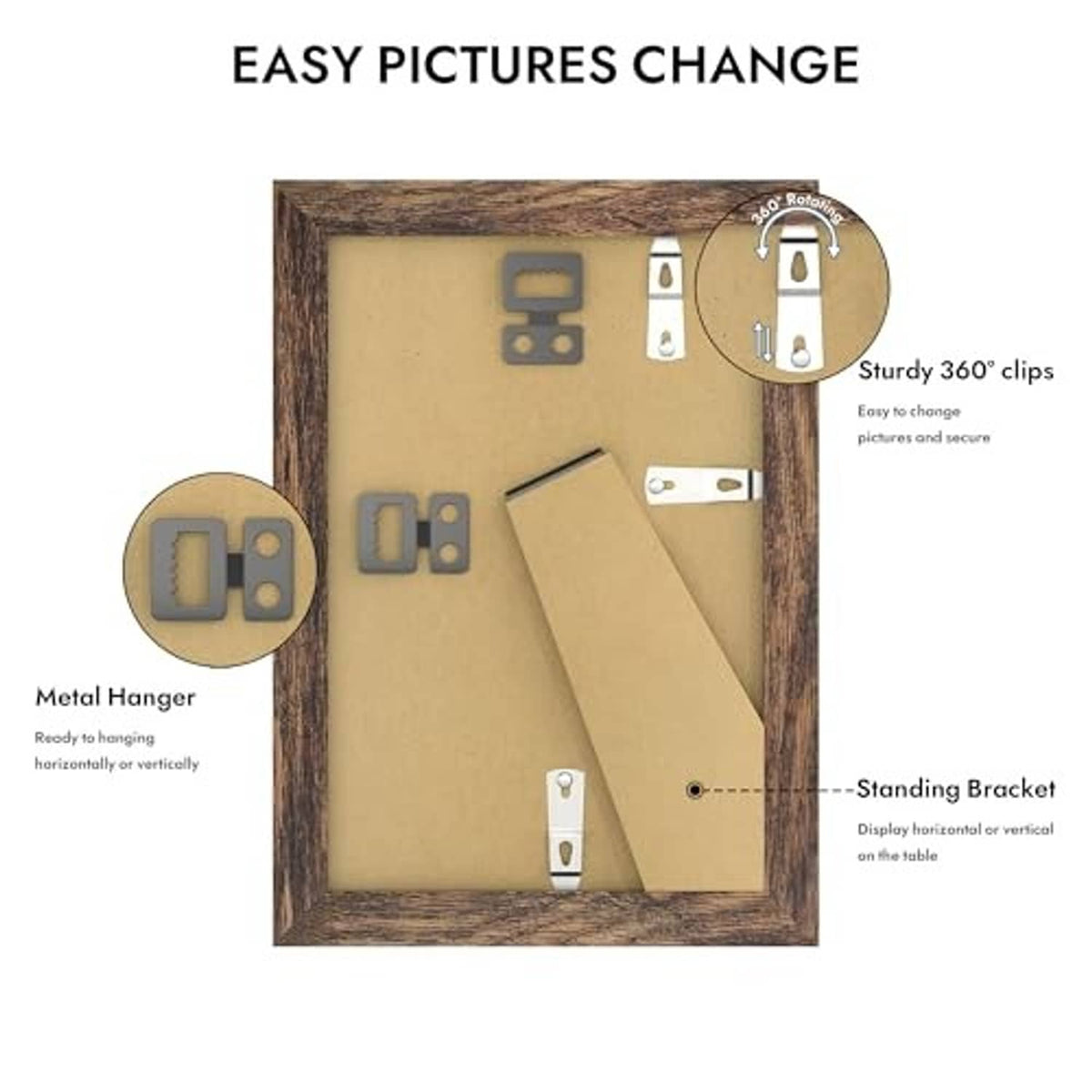 Rustic brown picture frame with metal hanger clips and standing bracket