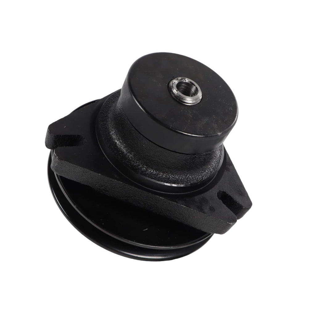 Black lawn mower spindle assembly with curved mounting arm and center threaded hole
