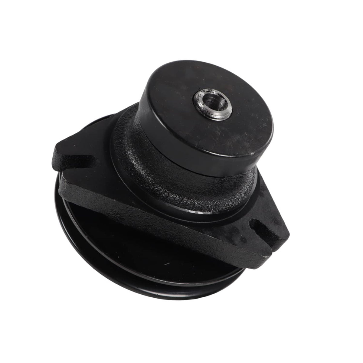 Black lawn mower spindle assembly with curved mounting arm and center threaded hole