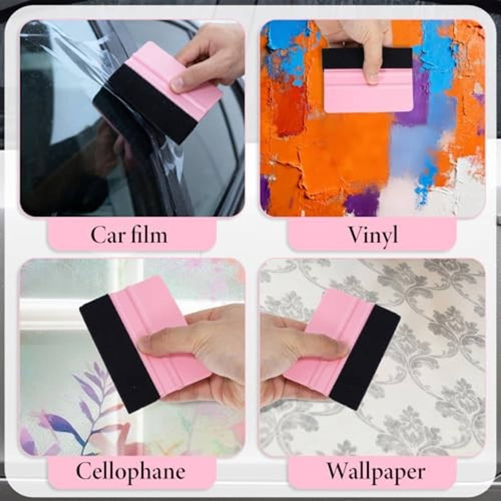 Hand holds a pink vinyl squeegee with a black felt scraper edge