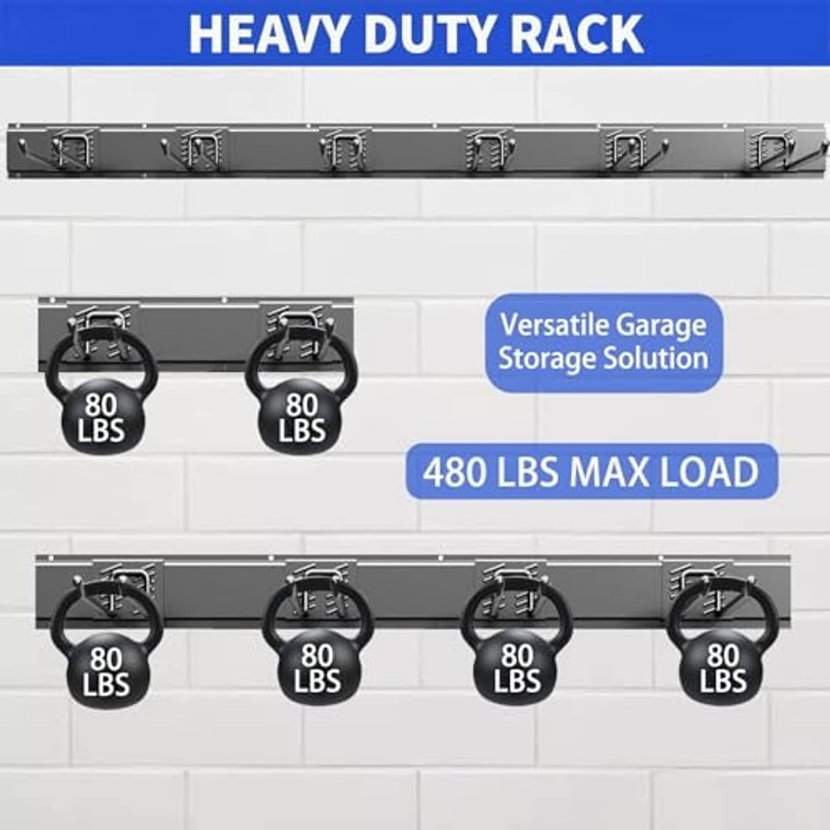 Heavy-duty wall rack with multiple straight hooks for hanging tools, dark gray.