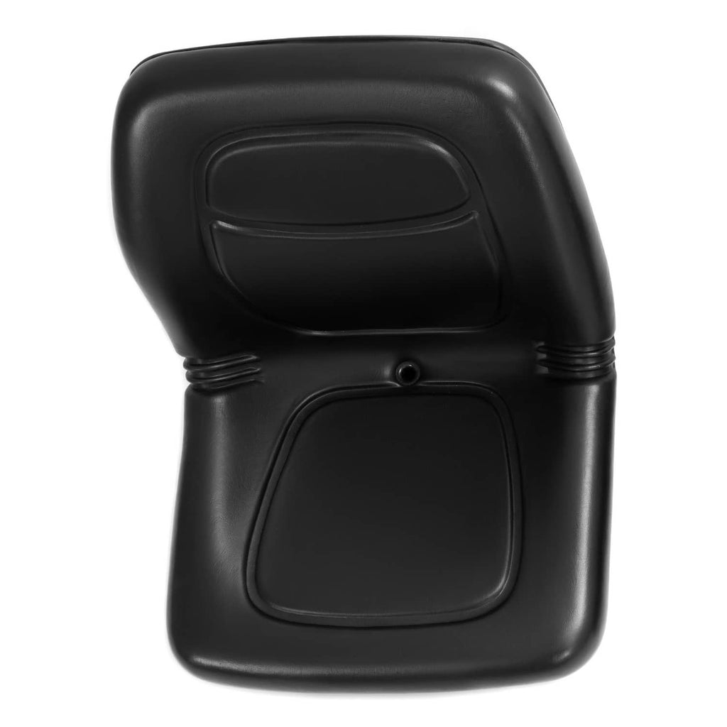 Black molded seat cushion with rounded backrest and square lower panel