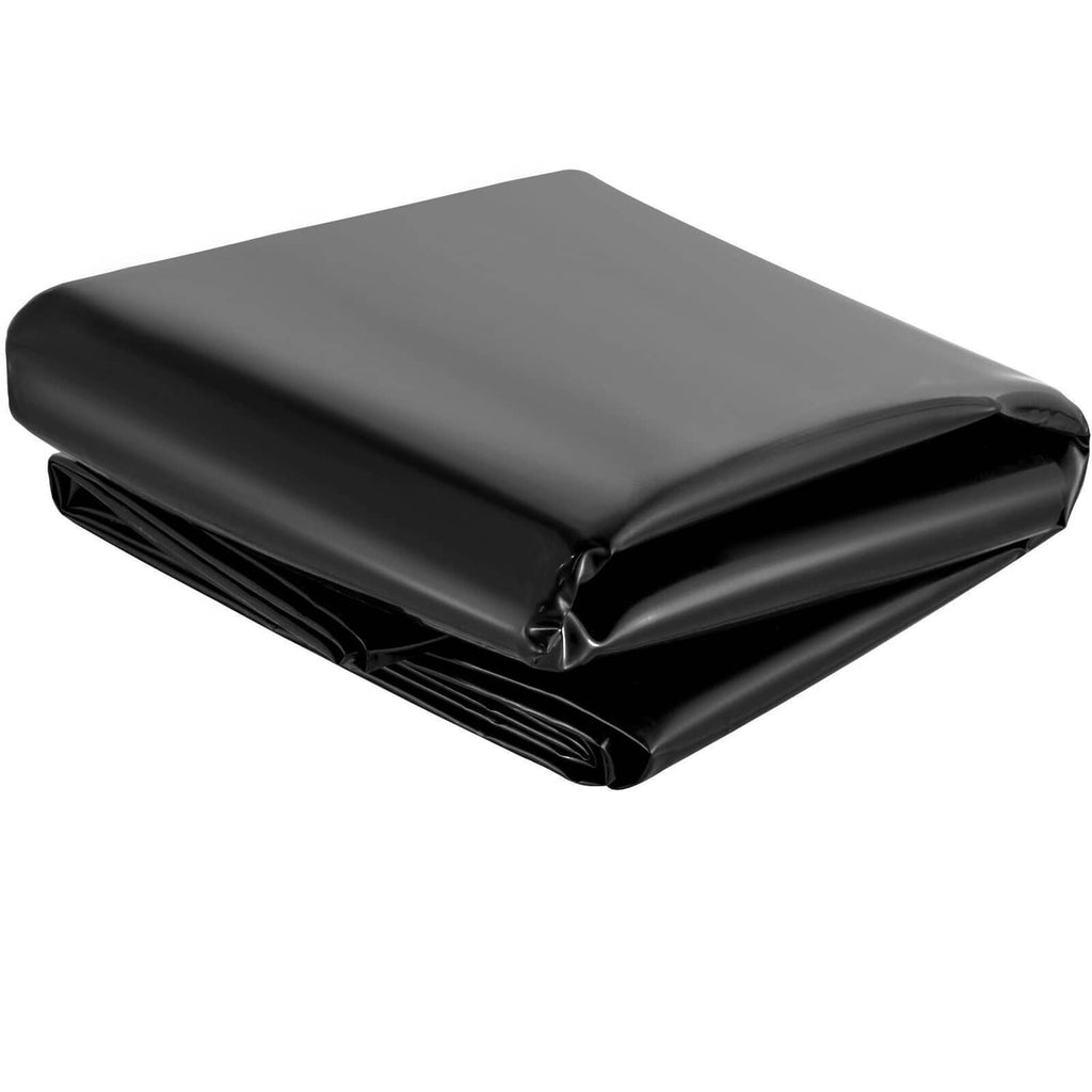 Black pond liner sheet, folded compact bundle for easy storage and transport