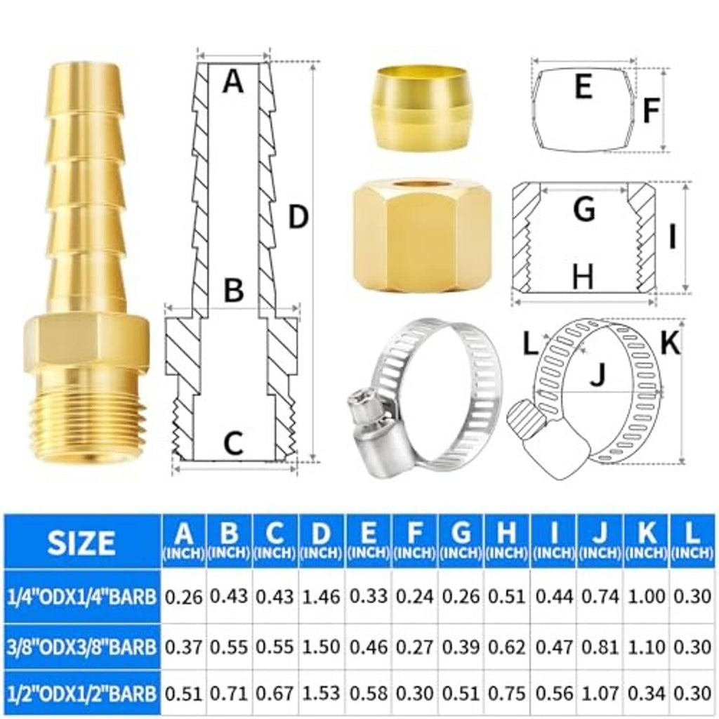 Brass compression union tube fitting with barbed end, hex body, and compression nut