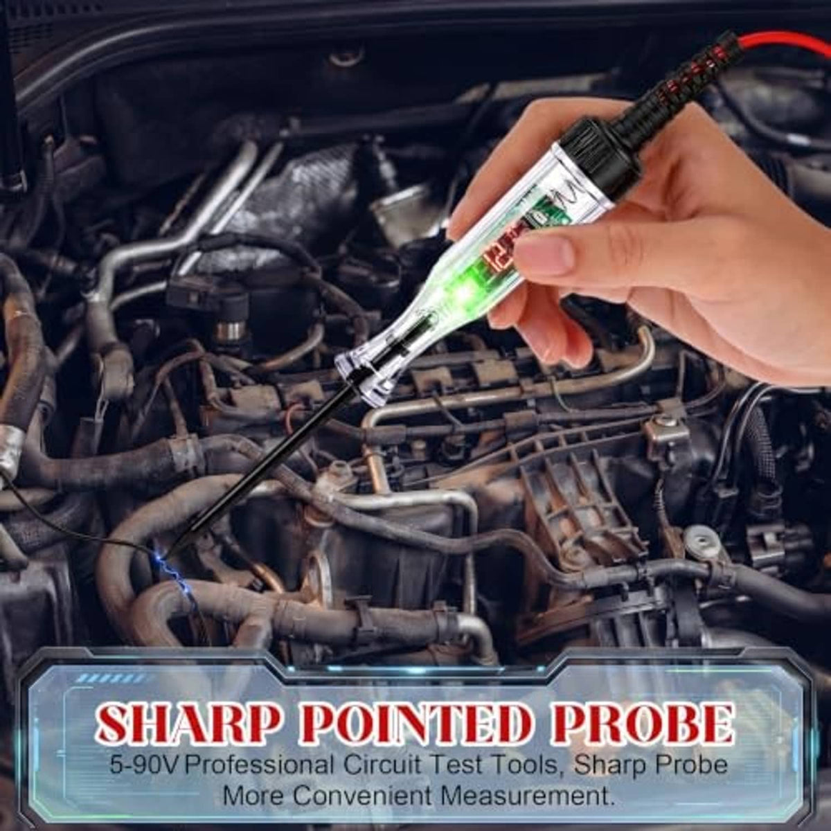 Automotive digital circuit tester in use, red coiled cable and sharp probe with clip