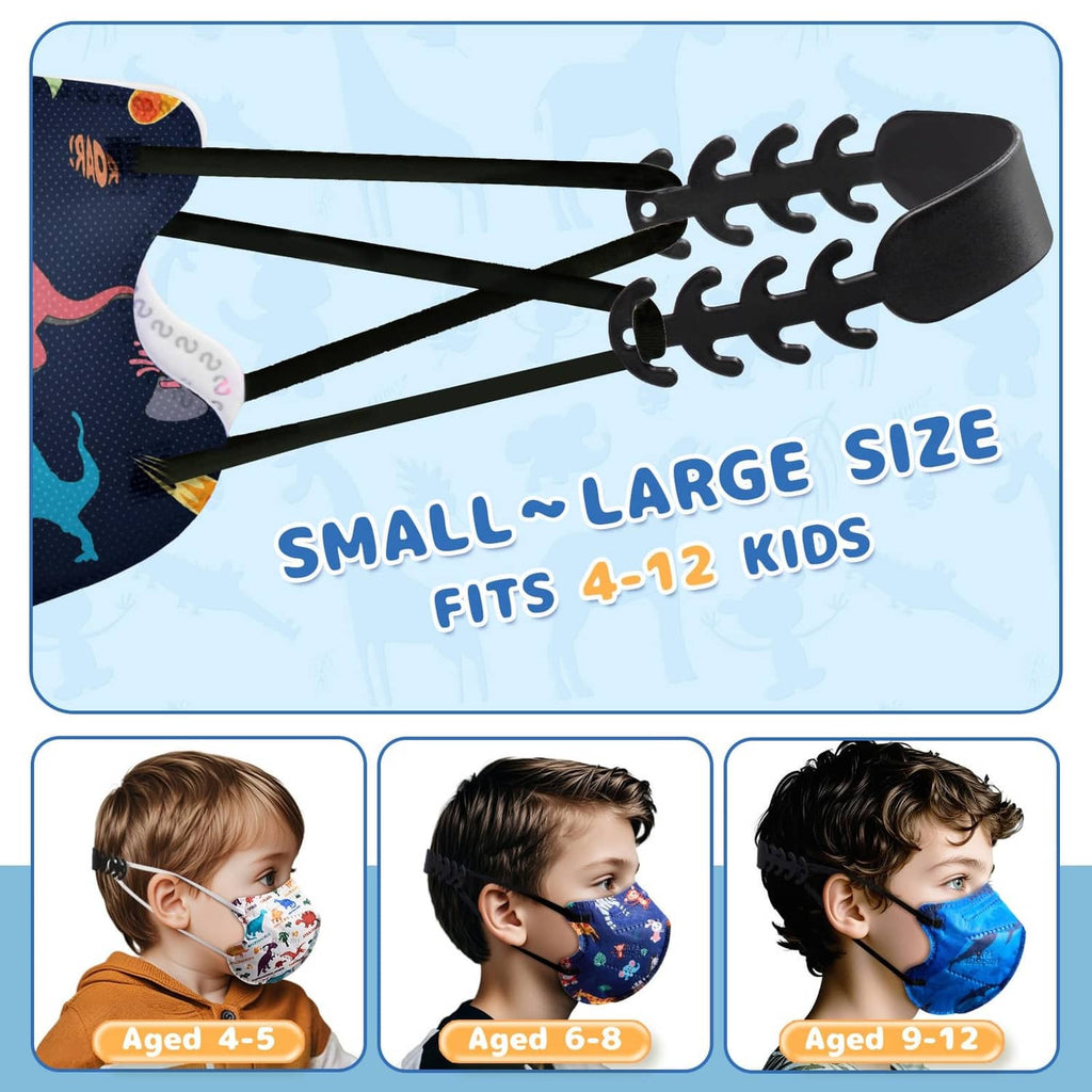 Kids KN95 face mask close-up, navy dinosaur print with elastic ear loops
