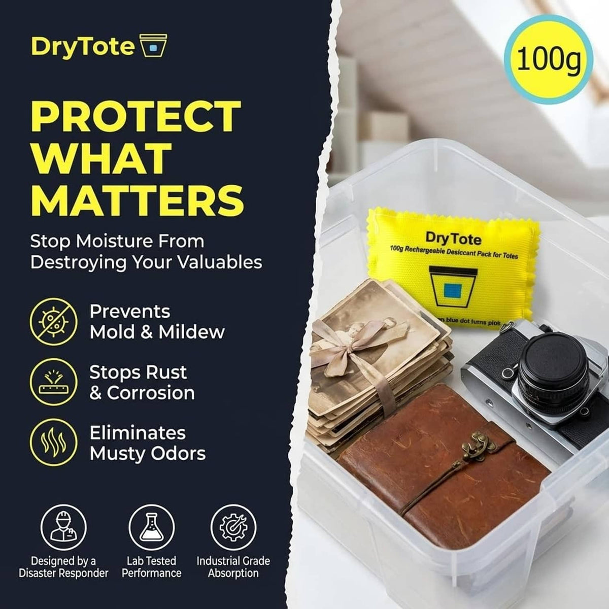Yellow rechargeable desiccant pouch with blue indicator window in a clear storage bin.
