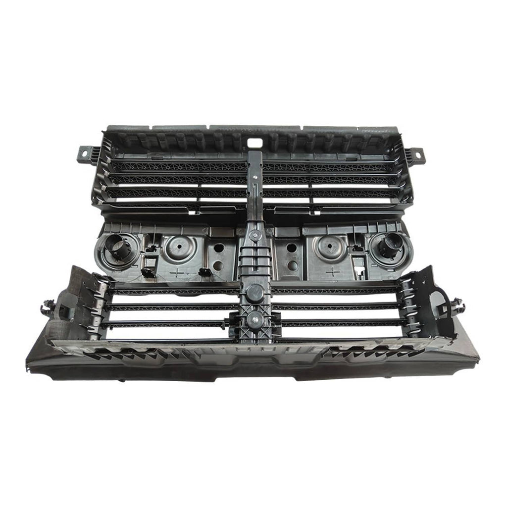 Car front grille shutter assembly with motor, full unit view with slats and actuator bracket