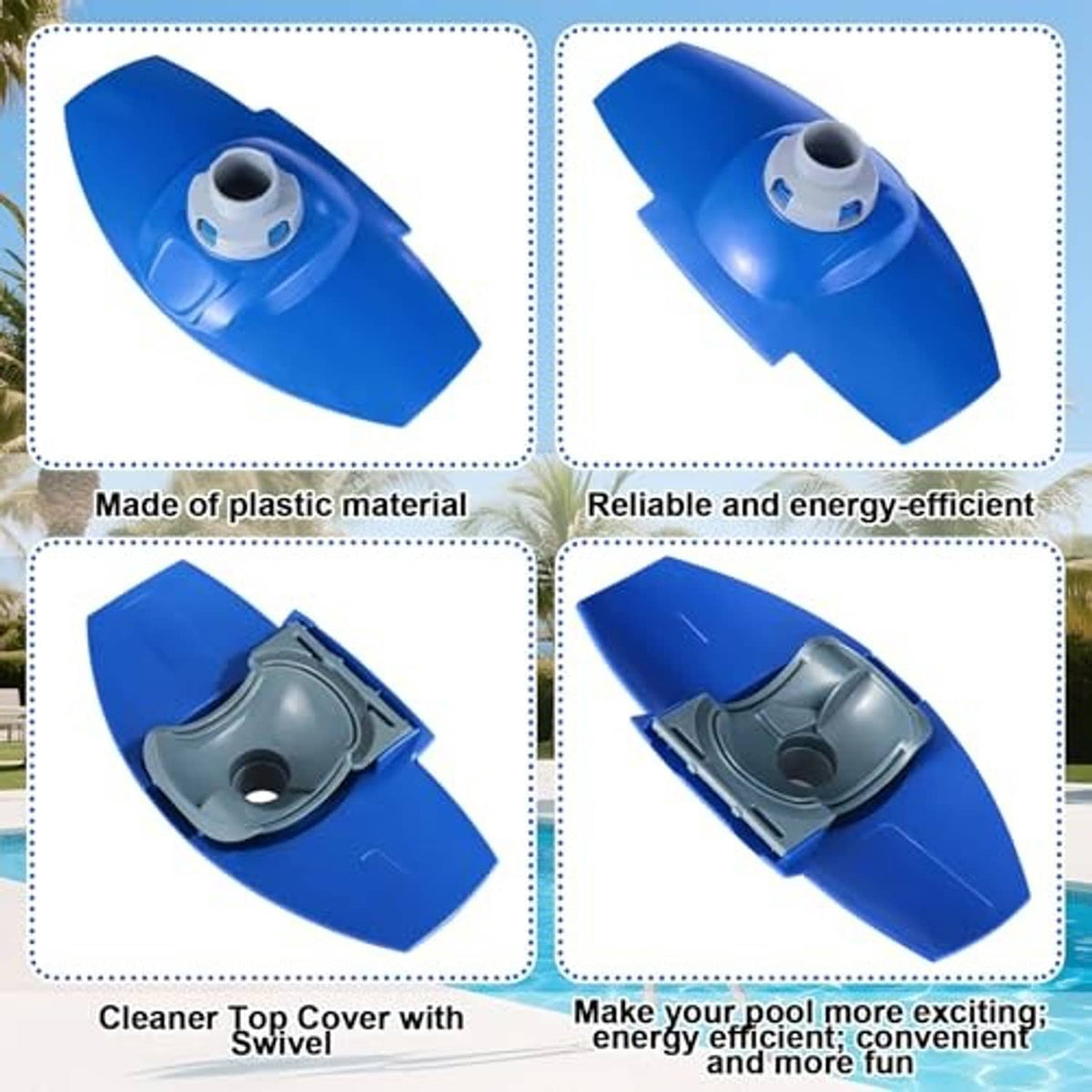 Blue pool cleaner top cover with swivel assembly, gray underside view