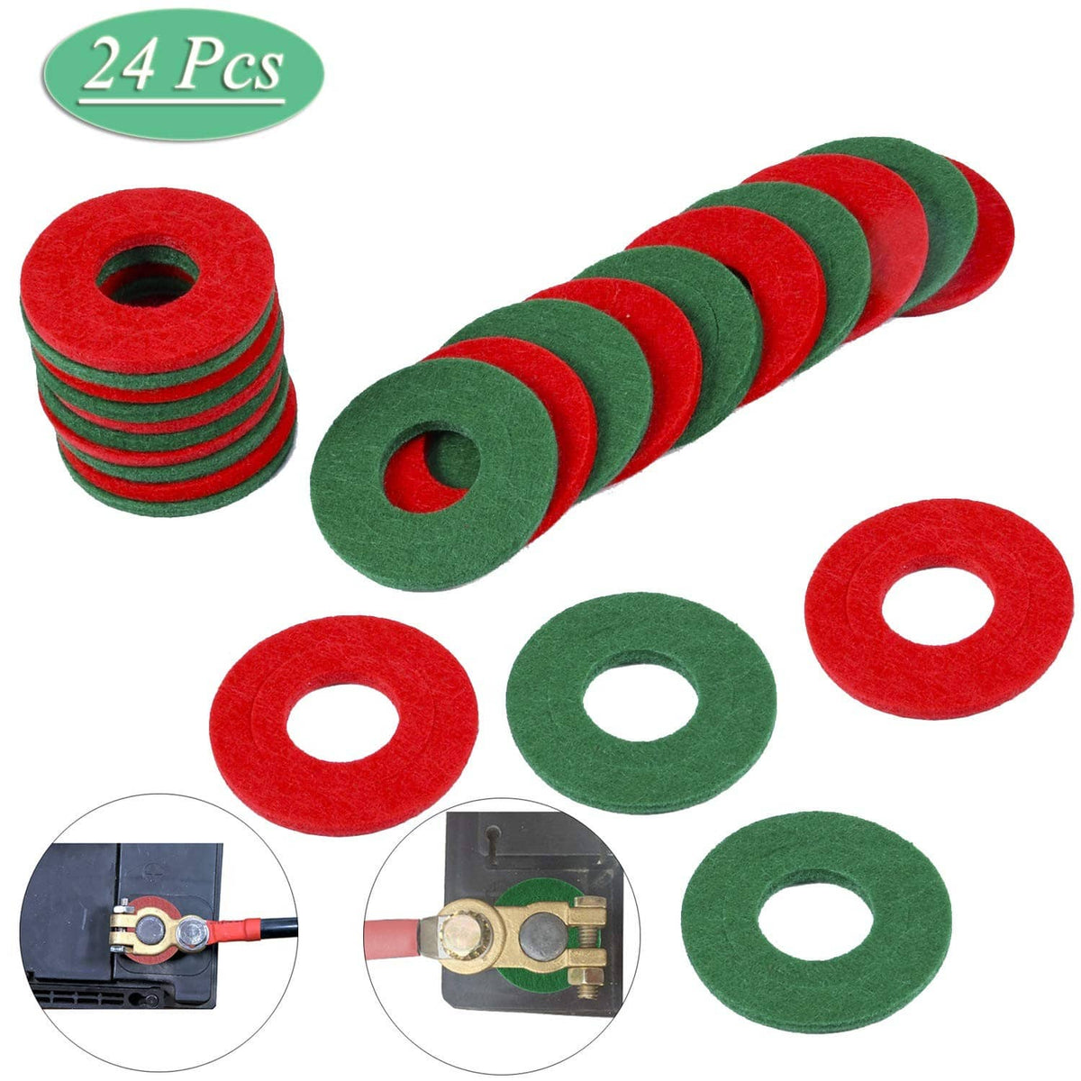 24-piece pack of red and green battery terminal anti-corrosion washers, stacked in rows.